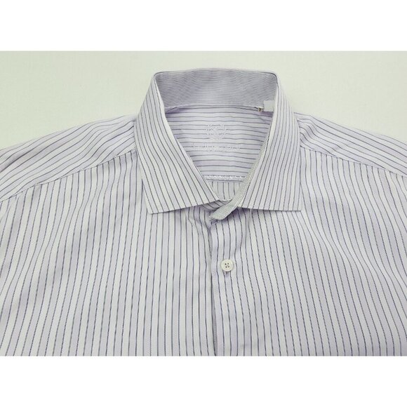 Bugatchi Uomo Size 18.5 34-35 Mens Lavender White Stripe Spread Collar L/S Shirt - Picture 13 of 13